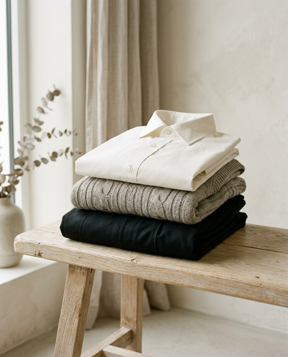 Folded ivory shirt, stone knit vest and black trousers from Collection 000 on an oak bench