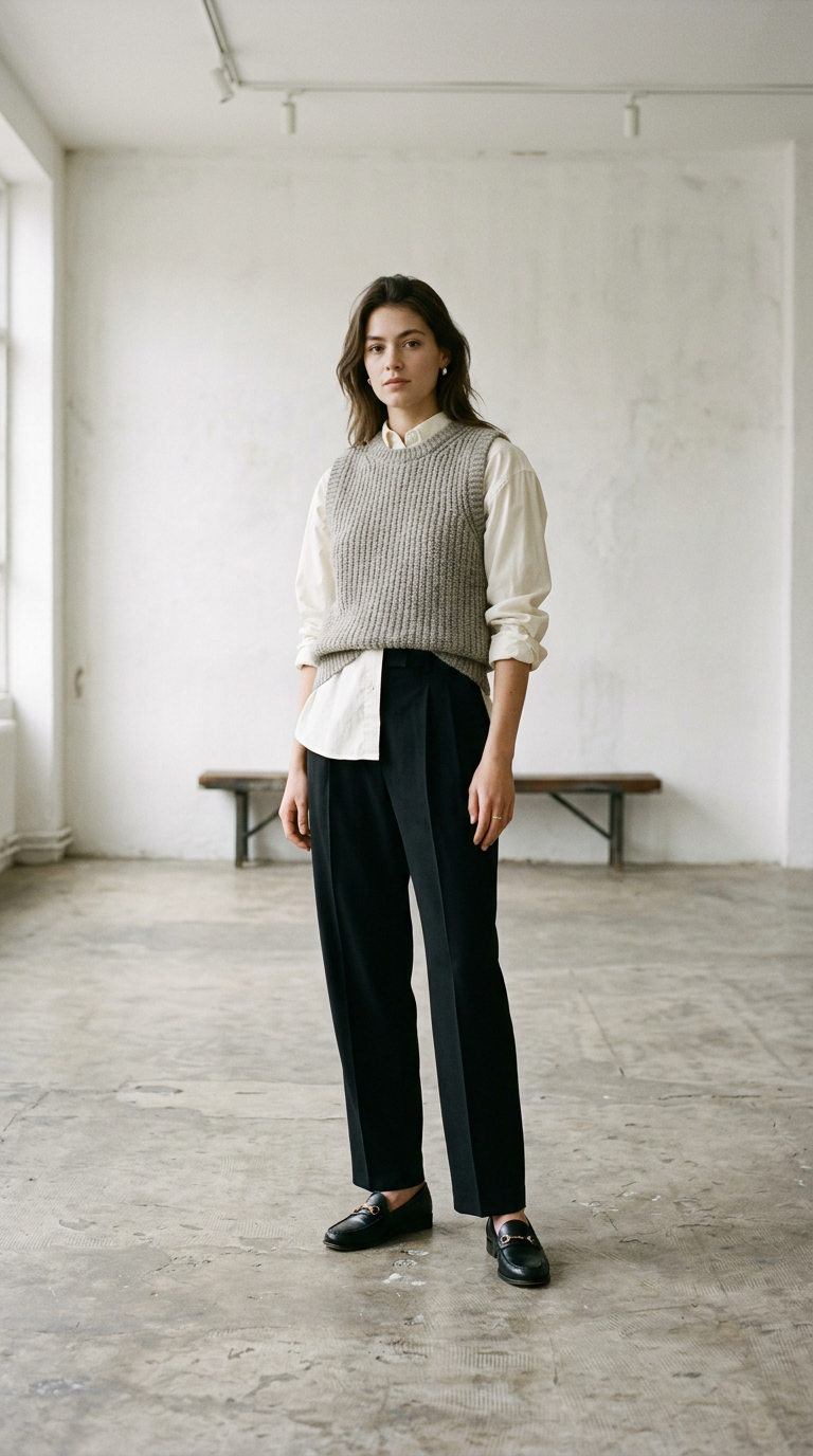 Archive campaign image from Collection 000, model in a grey knit vest over an ivory shirt with black pleated trousers