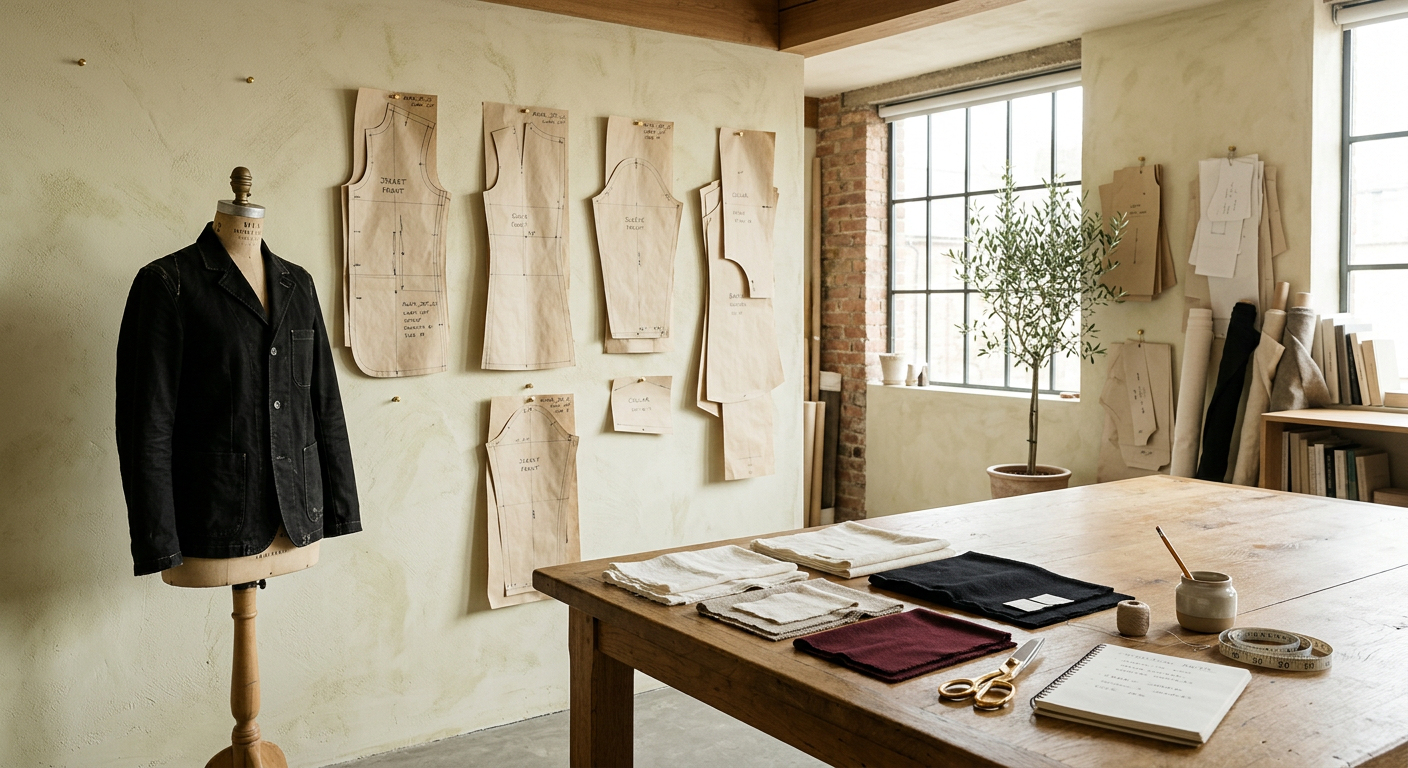AMTR studio with paper patterns pinned to the wall, a black jacket on a dress form and fabric swatches on a wooden table