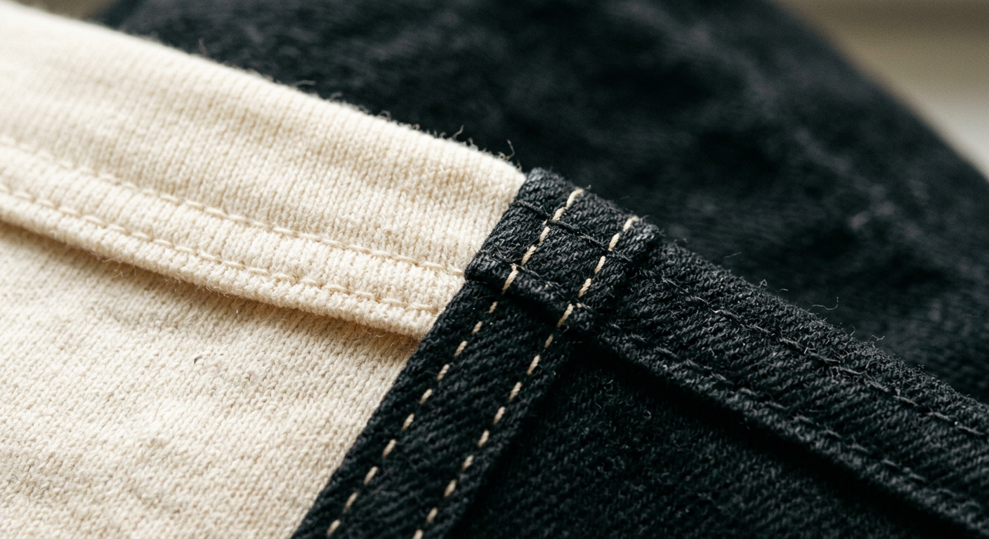 Close-up of an ivory jersey tee hem against black cotton twill with contrast double-needle stitching