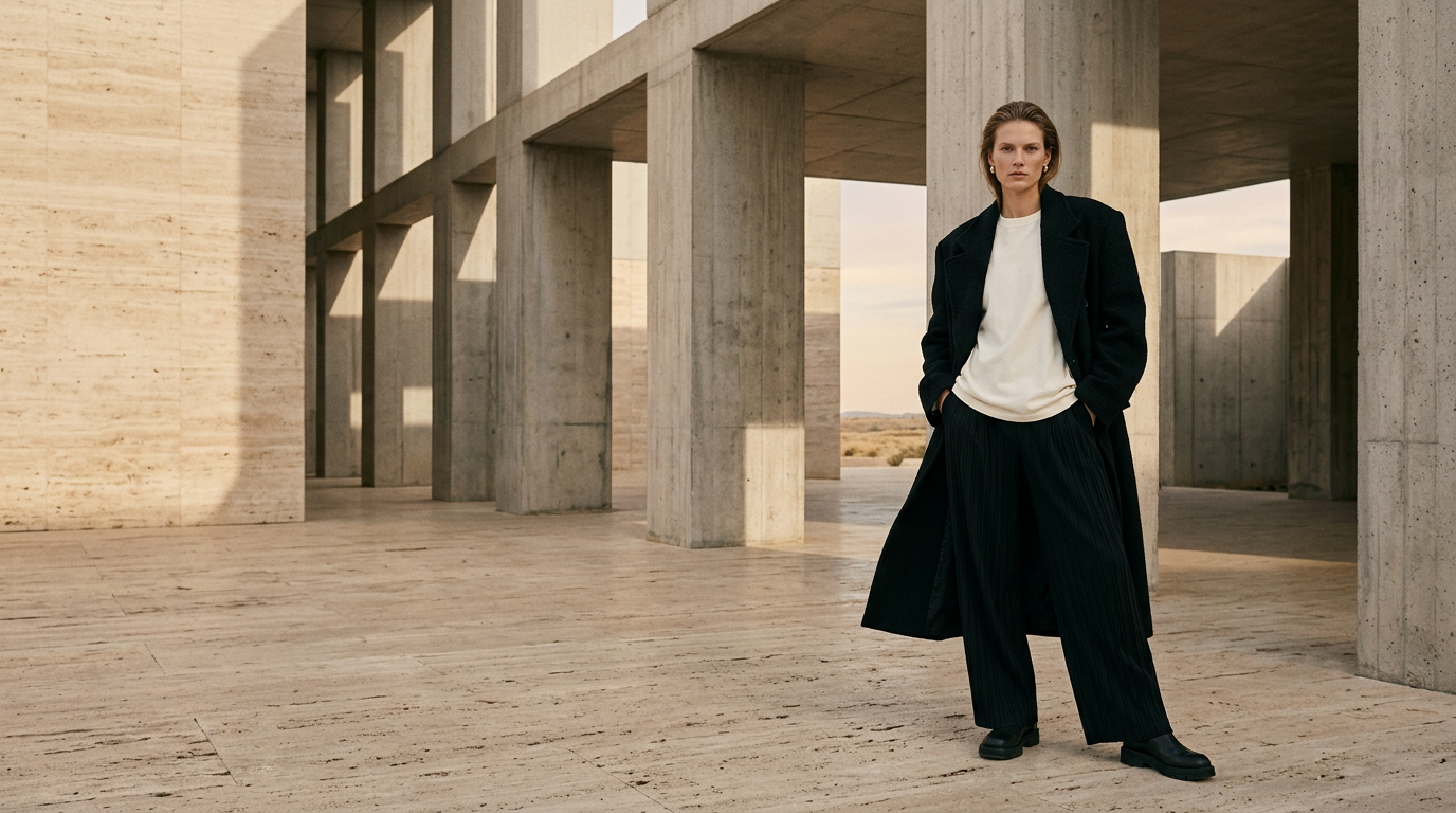 Model in an oversized black overcoat, ivory tee and pleated black trousers standing among concrete columns at golden hour