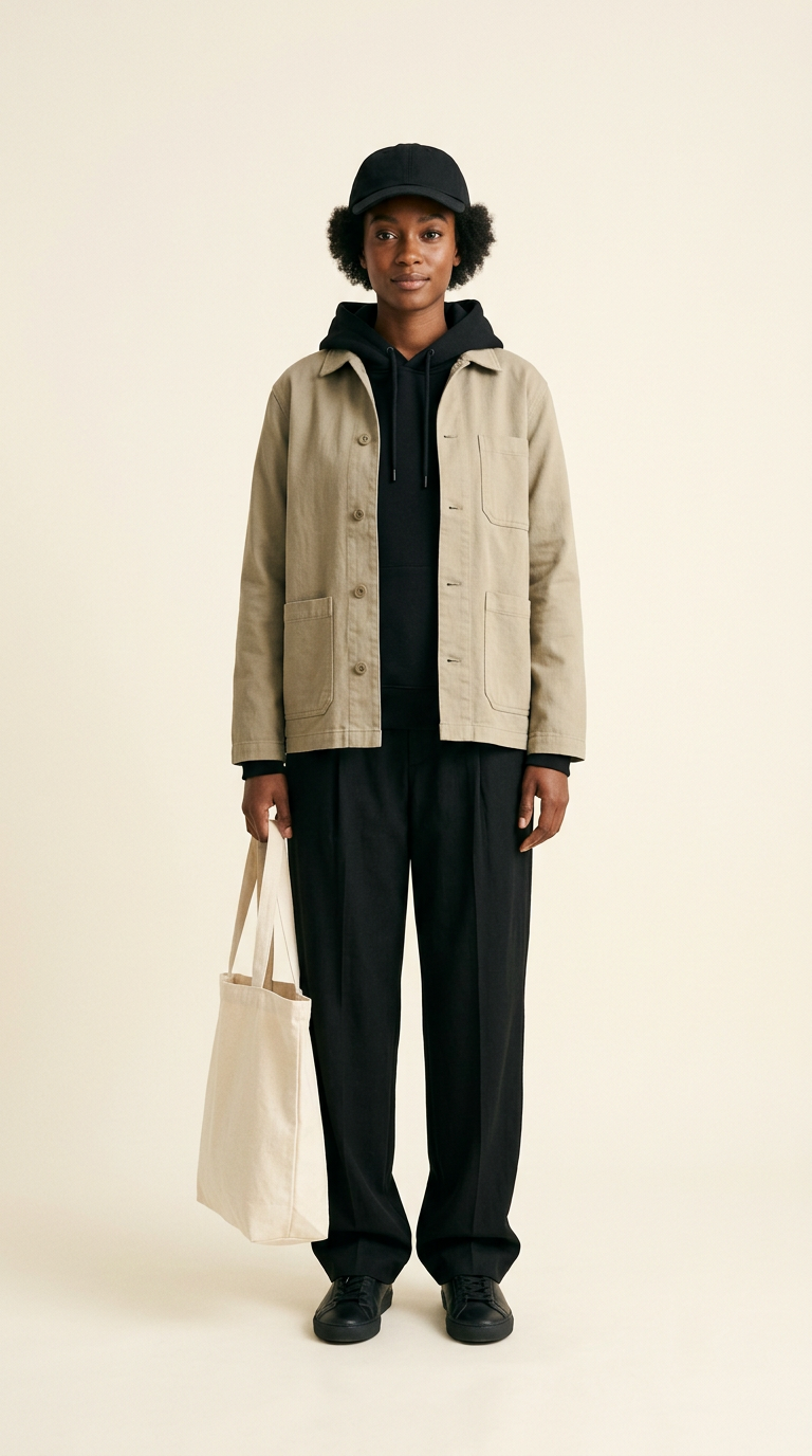 Model wearing a khaki chore jacket open over a black hoodie, black pleated trousers, a black cap, carrying a natural canvas tote