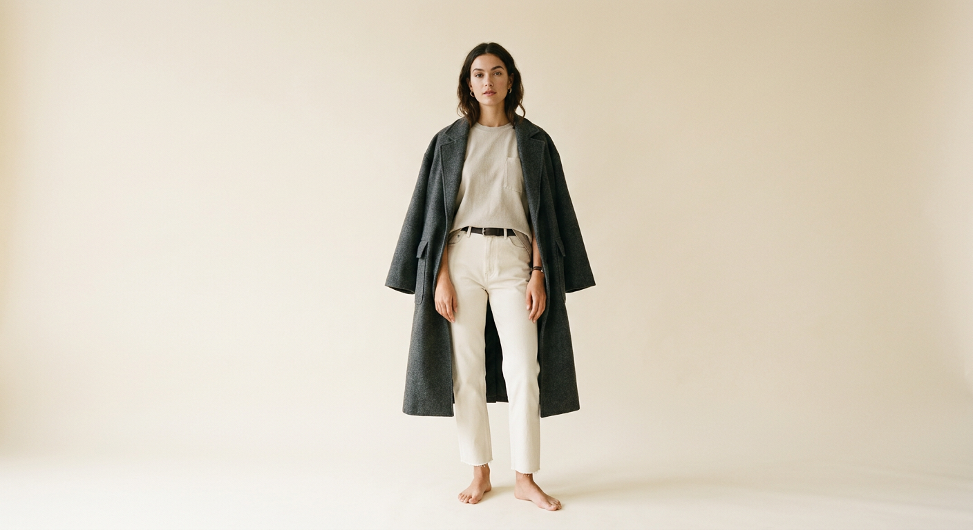 Model wearing a charcoal overcoat draped over the shoulders, a stone pocket tee and ecru canvas pants