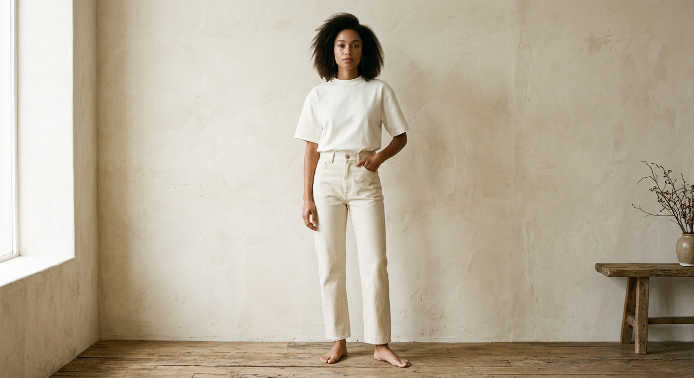 Model in an ivory tee and ecru canvas pants against a warm plaster wall