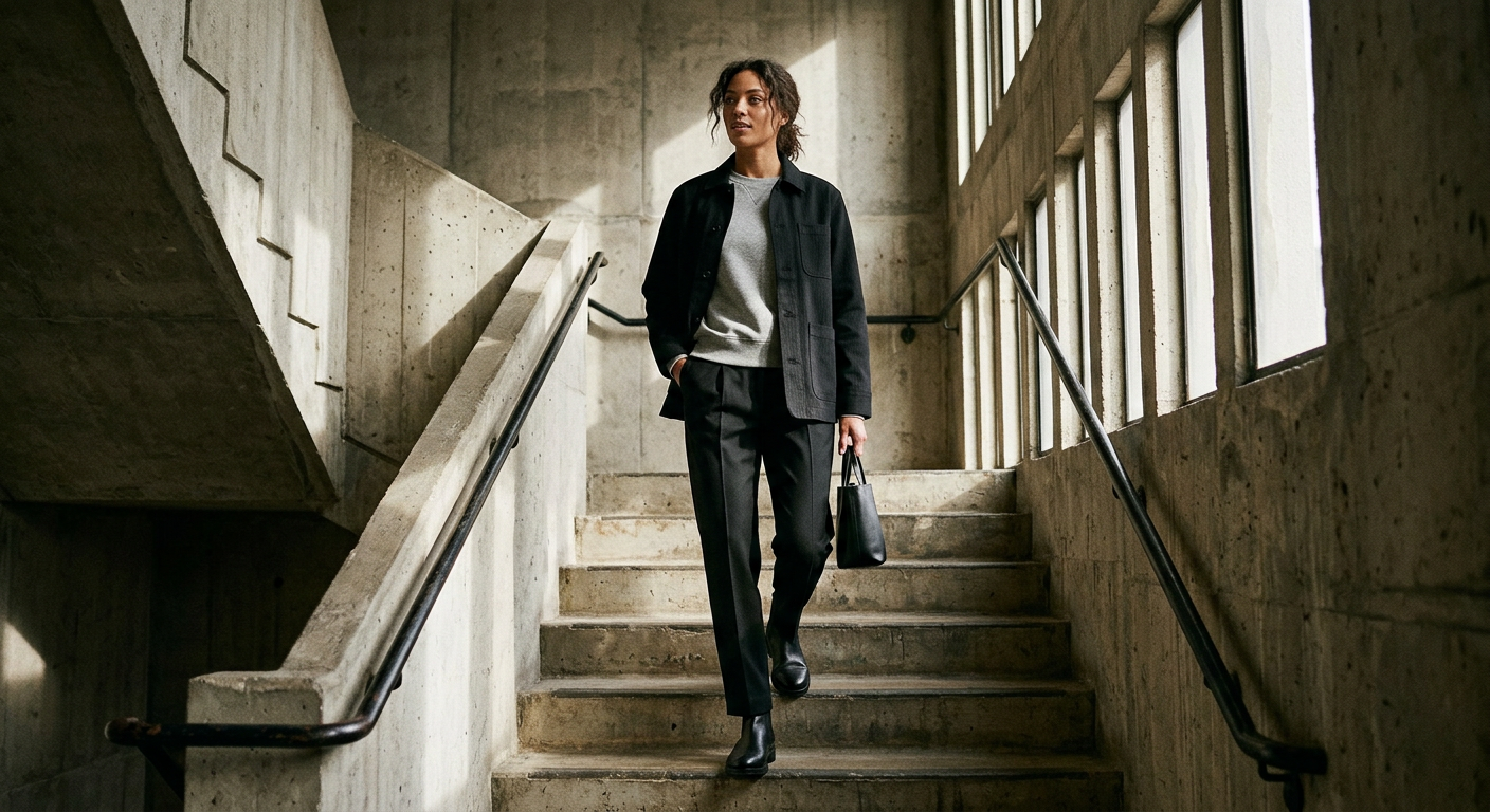Model in a khaki chore jacket layered over a black hoodie