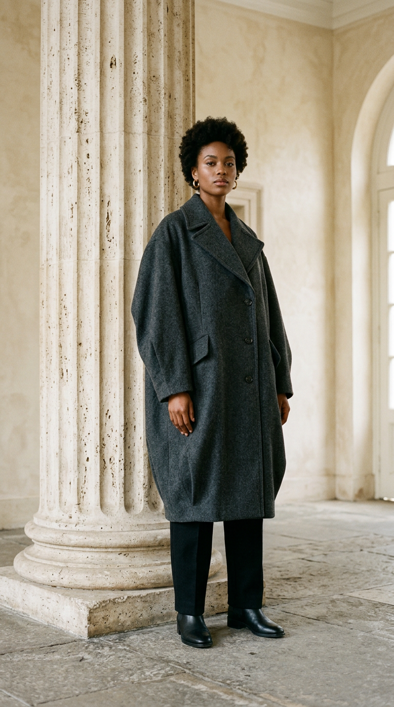 Model in an oversized charcoal overcoat and pleated black trousers